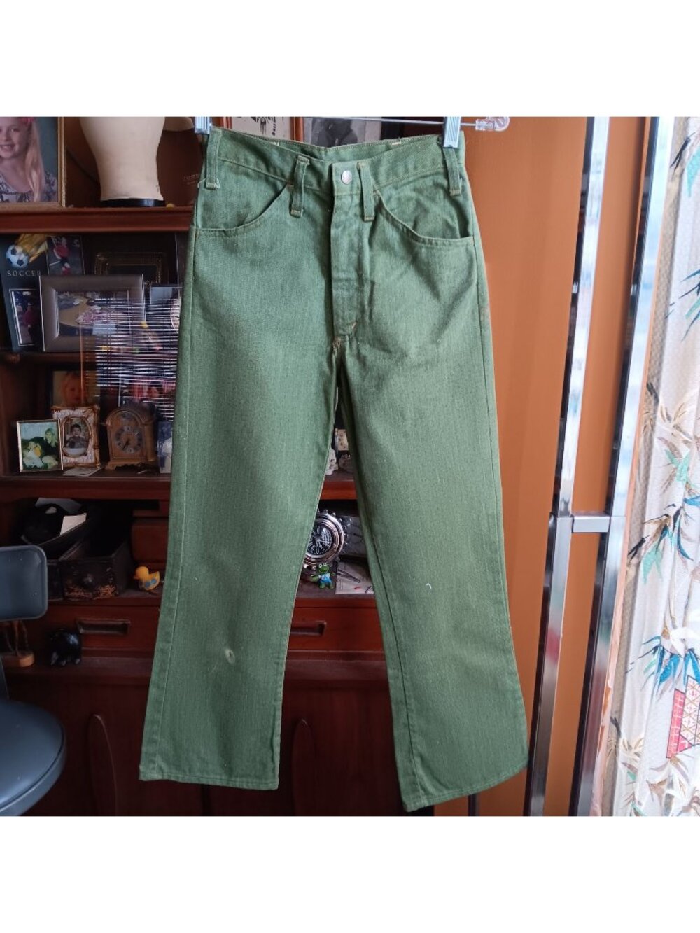 24x27 Boys Vintage Jeans 1970's Leafy Green Denim Flare Distress Hippy Shaggy